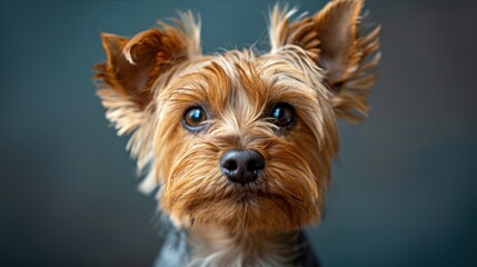 Fototapeta premium A close-up of a Yorkshire Terrier with expressive eyes and fluffy ears against a soft blue background