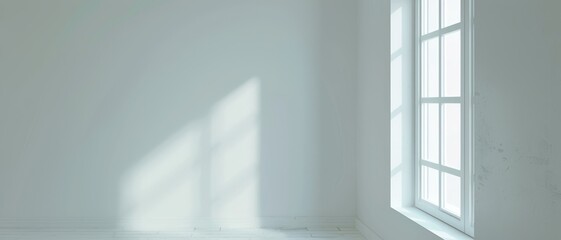 Obraz premium A simple, minimalistic room bathed in sunlight from a tall window, creating an airy and tranquil atmosphere with shadows dancing on the white walls.
