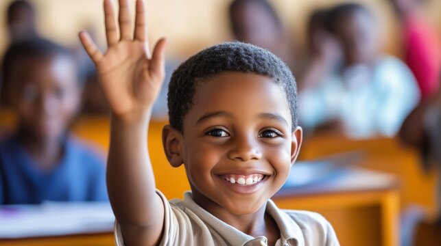 African schoolboy smiling and raising his hand in a class.