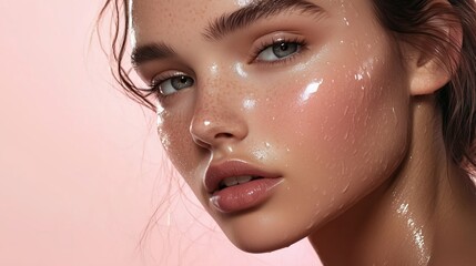 A beautiful model with radiant and healthy skin on a light pink background.