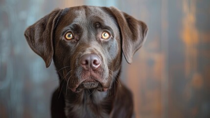 A close-up of a brown Labrador Retriever looking curiously towards the camera in a cozy indoor setting during the day