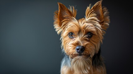 Fototapeta premium A close-up of a Yorkshire Terrier with striking fur against a dark background