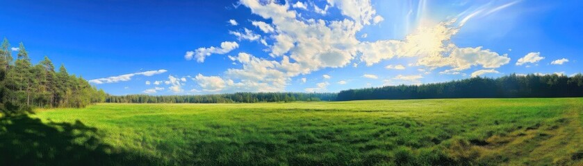 Fototapeta premium A panoramic view of a tranquil meadow bordered by a forest under a bright blue sky with scattered clouds. The scene conveys peace and natural beauty.