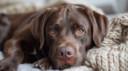 Fototapeta premium A brown Labrador retriever relaxing on a cozy blanket indoors during the afternoon