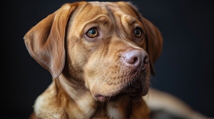 A close-up of a brown dog with expressive eyes against a dark background