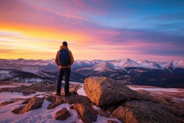 Fototapeta premium A lone hiker stands on a rocky mountain peak, gazing at a colorful sunrise over snowy mountain ranges.