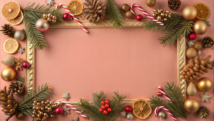 Christmas frame made of fir branches, cones, candies and decorations on pink background