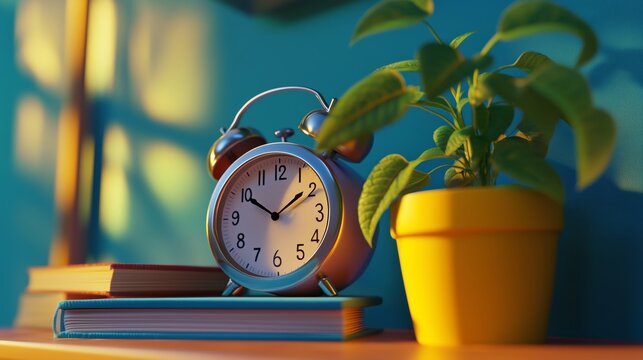 Close-up of an alarm clock with books on a desk and a green plant next to it.