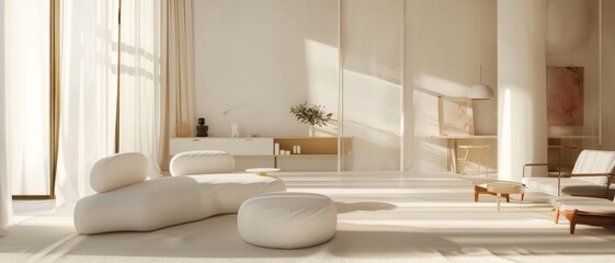 A serene, minimalist living room bathed in soft natural light, featuring organic-shaped furniture and neutral tones.