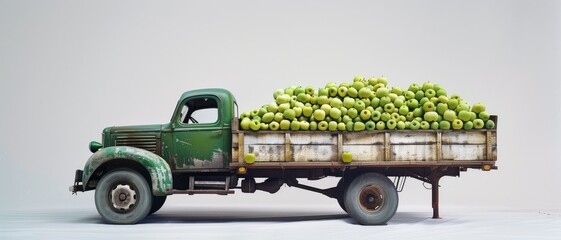 A vintage green truck loaded with a mountain of apples, captured against a plain white background, signifies abundance and harvest.