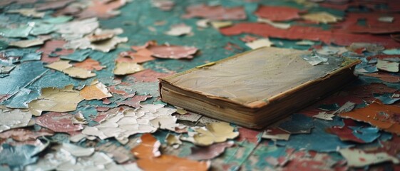 Forgotten, worn-out book surrounded by layers of chipping paint in an abandoned setting, highlighting themes of decay and time&rsquo;s passage.