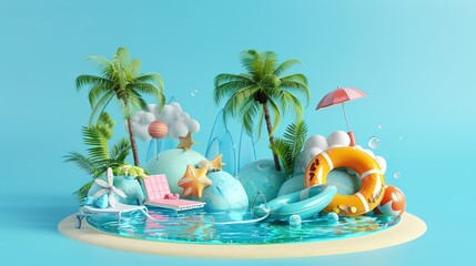 Obraz premium 3d refreshing summer sale template. Composition of blue glass board with cute beach object and swimming pool.