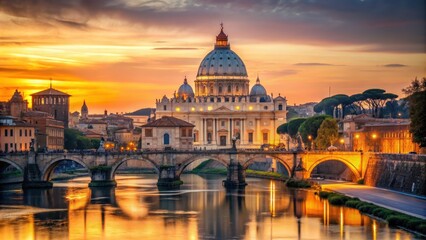 Fototapeta premium St. Peter's Cathedral glowing in the sunset light in Rome, Italy , St. Peter's Cathedral, Rome, Italy, sunset