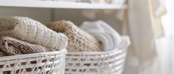 Fototapeta premium Cozy, knitted blankets neatly arranged in woven baskets on a white shelf radiate warmth and comfort in this beautifully organized space.