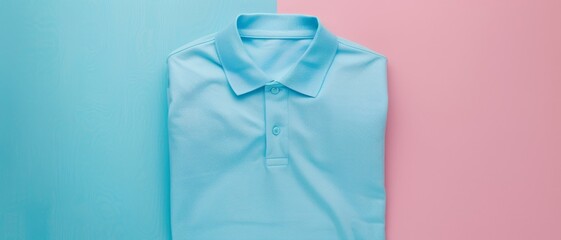 A neatly folded, soft blue polo shirt is meticulously laid out against a dual pastel blue and pink background, highlighting simplicity and elegance.