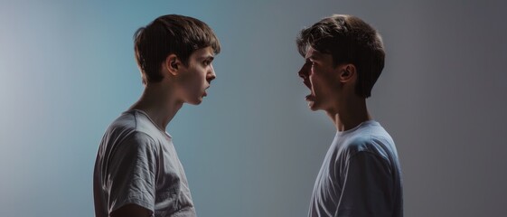 Two young men face off against a gradient background, one yelling while the other listens resolutely, capturing the intensity of their silent confrontation.