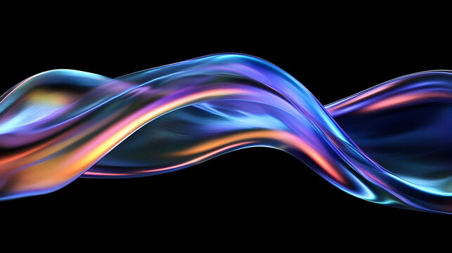 Abstract iridescent wave shape with a metallic sheen against a black background.