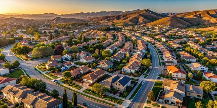 Late afternoon aerial view of suburban neighborhood streets and homes near Los Angeles in Simi Valley, California