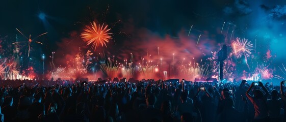 A breathtaking panorama of colorful fireworks lighting up the night sky, watched by an eager crowd below.