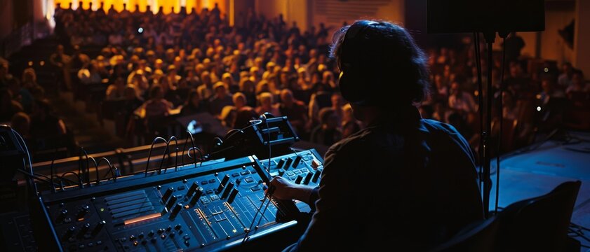 A sound engineer adjusts audio levels in a dimly lit auditorium, filled with an attentive audience, as a live event unfolds.