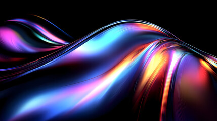 Abstract iridescent, glowing, colorful, liquid, wave with a black background.