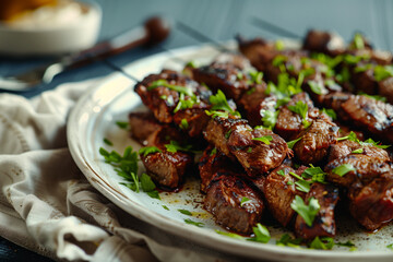 Grilled beef kebabs garnished with herbs on a white plate