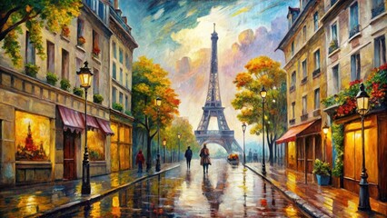 Fototapeta premium Oil painting of a Paris street using palette knife technique, oil painting, palette knife, Paris, street, landscape