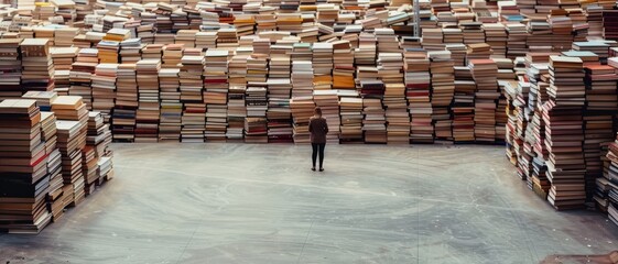 A lone figure stands amidst towering stacks of books, embodying the vastness of knowledge and the quest for discovery.