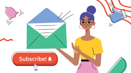 Illustration of a woman holding an envelope with a subscribe button and notifications, representing email marketing and social engagement.

