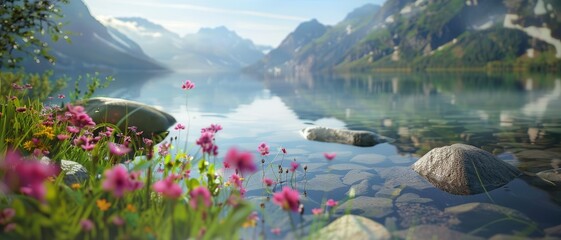 Fototapeta premium A serene alpine lake with crystal clear water, surrounded by vibrant wildflowers and imposing mountains, offers a perfect nature retreat.