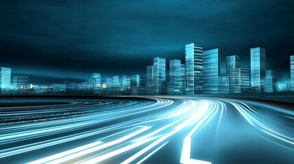 Fototapeta premium Landscape With Buildings Constructed From Light Panels And Interactive Screens