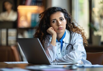 Female Doctor Sitting at Desk, Thoughtfully Looking at Laptop Screen with Medical Documents, Wearing White Coat and Stethoscope in Clinic Office, Clean Background for Banner Design

