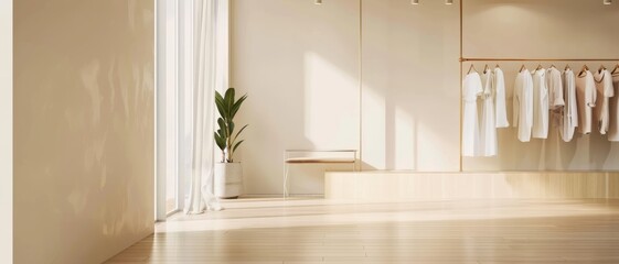 A bright and airy room with natural light streaming through sheer curtains, featuring minimalist decor and a row of neutral-toned clothes hanging neatly.