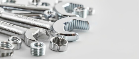 A close-up of a variety of shiny wrenches and bolts laid out on a flat surface, embodying the essence of detailed craftsmanship.