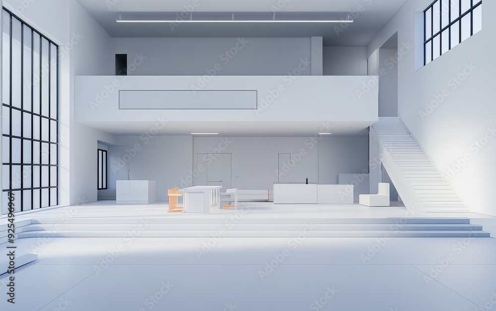 Wall mural An interior design concept drawing of a modern loft apartment with white walls