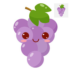 Naklejka premium A bunch of grapes with kawaii eyes. Flat vector illustration of grapes on a white background.