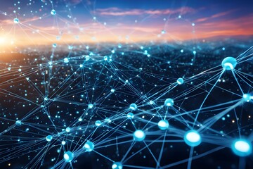 A blue and white image of a network of dots