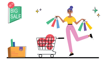 Illustration of a woman shopping during a big sale, holding shopping bags and pushing a cart with discount symbols, representing retail sales, discounts, and shopping enthusiasm.

