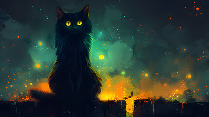 A Halloween card featuring a black cat with piercing green eyes sitting on a fence