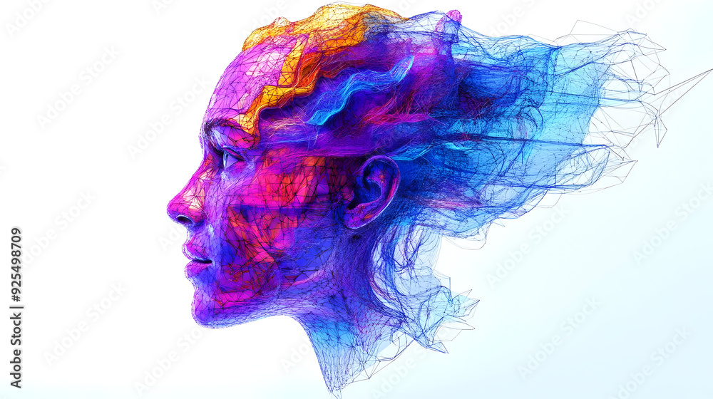 Poster Abstract portrait of a woman with colorful lines and geometric shapes.