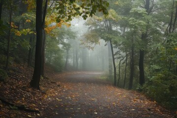 Fototapeta premium A winding path through a misty, autumn forest with leaves scattered on the ground.