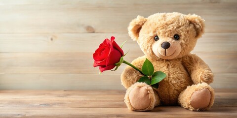 Obraz premium Cute fluffy teddy bear holding a red rose for Valentine's Day , teddy bear, red rose, cute, fluffy, Valentine's Day, love