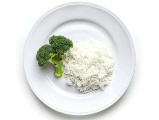 plate with fancy food, one small broccoli, few pieces of rice, top shot