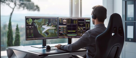 Man with headphones monitoring dual computer screens displaying flight simulation data in a tech-savvy workspace.