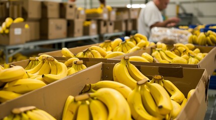 The moment of sorting bananas from cardboard boxes indoors for further sale. In the background, a man in a white coat is visible monitoring the quality of the product.