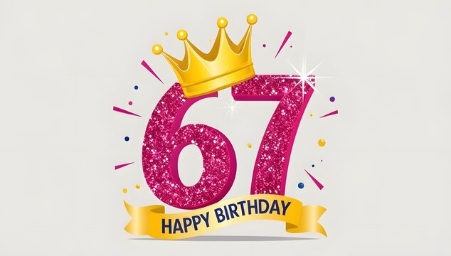 Glittery 67th Birthday Celebration with Golden Crown and Radiant Yellow Ribbon Banner