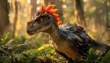 Closeup of a feathered dinosaur with bright red crest, set in a prehistoric forest