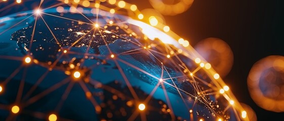 A glowing network of global connections depicted on a dark blue globe, emphasizing interconnectedness and data flow.