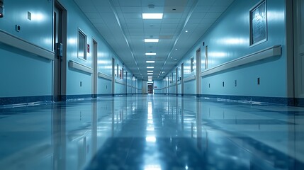 Naklejka premium Empty hospital hallway with bright lights, clean, sterile environment, lowangle perspective