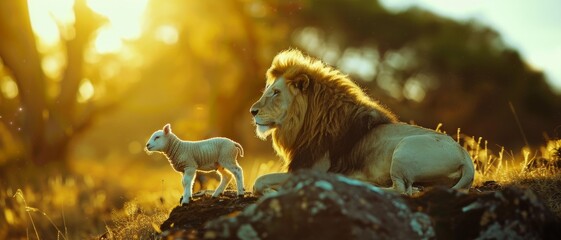 Obraz premium Majestic lion and a lamb peacefully coexisting on a grassy hill, bathed in the warm golden light of sunset.